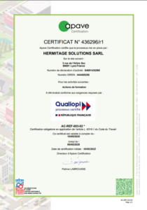 Photo du certificat Qualiopi d'Hermitage Solutions pour l'année 2025.