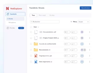 l'interface de NetExplorer Share, montrant un gestionnaire de fichiers avec des options de transfert, d'envoi et de réception. L'interface affiche des dossiers comme "Projets Produit 2025" et "Accords de confidentialité".
