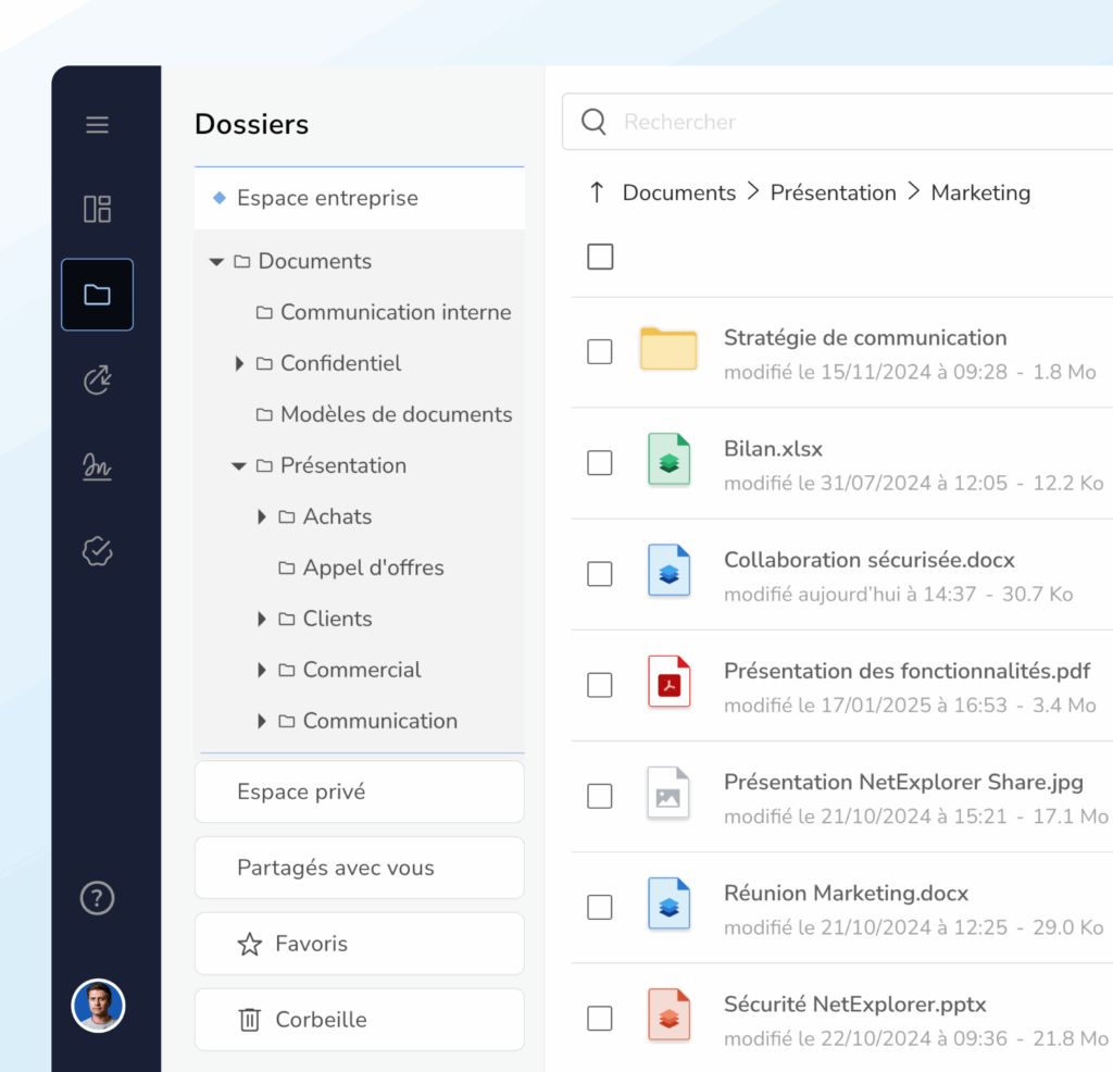 l'interface de NetExplorer, montrant l'arborescence des dossiers d'un "Espace entreprise" et la navigation dans "Documents > Présentation > Marketing". On y voit des fichiers de présentation, bilans et documents de communication.