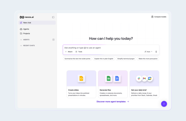 Interface de chat conversationnel de la solution Nexos infrastructure pour l'assistance IA.