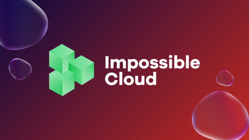 Logo Impossible Cloud avec trois cubes verts sur un fond dégradé violet et rouge avec des formes organiques fluides.