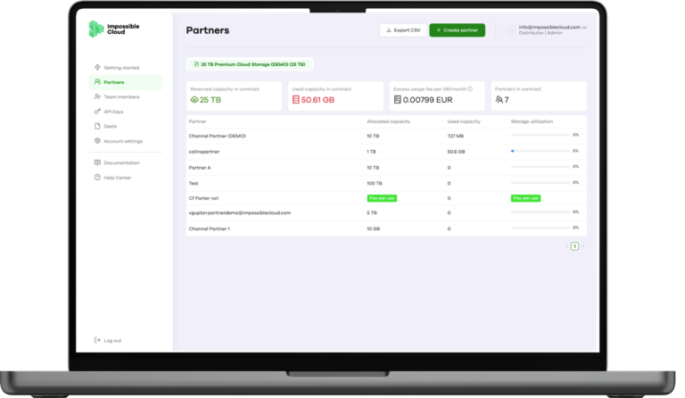 Capture d'écran de la console de gestion du partenaire Impossible Cloud affichant les capacités de stockage, l'utilisation des données et la liste des partenaires sur un ordinateur portable.