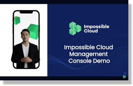 Présentateur sur écran de smartphone avec le texte "Impossible Cloud Management Console Demo" sur fond bleu marine.